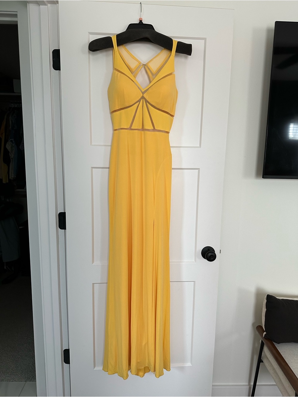 La Femme Yellow Strappy Maxi Gown